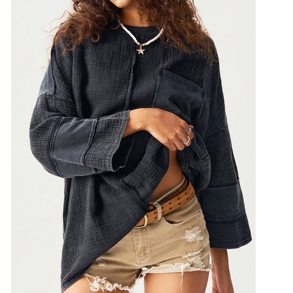 Vintage Wash Cotton 3/4 Sleeve Oversized Shirt - Picture 1 of 7
